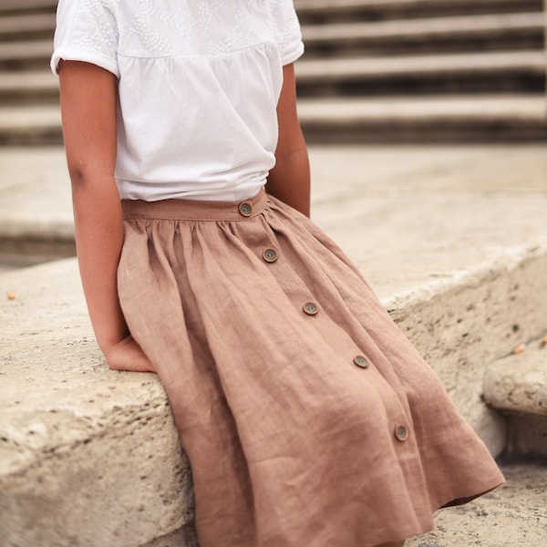 Linen Skirt, Girls Skirt, Button Front Skirt, Twirl Skirt, Tan Linen, Suspenders Skirt, Girls Linen Skirt, Kids Linen Clothing, Washed Linen