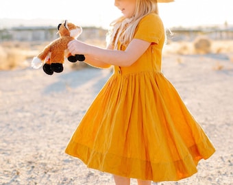 Linen Dress Girl, Mustard Linen Dress, Twirl Dress, Classic Girl Dress, Flower Girl Dress, Summer Dress, Toddler Dress