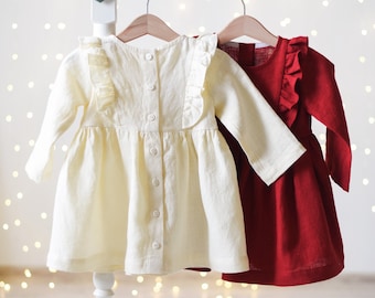 Baby Christmas Outfit, Baby Christmas Dress, Toddler Christmas Dress, Ruffled Dress, Red, Cream and Sage Green Linen