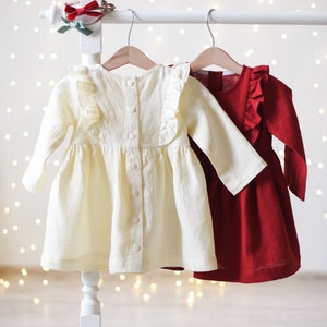 Baby Christmas Outfit, Baby Christmas Dress, Toddler Christmas Dress, Ruffled Dress, Red, Cream and Sage Green Linen image 1