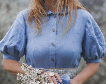 Linen Women Dress, Peter Pan Collar Dress, Puff Sleeve Dress, Circle Skirt, Summer Dress, Hydrangea Blue Dress, Vintage Style Dress