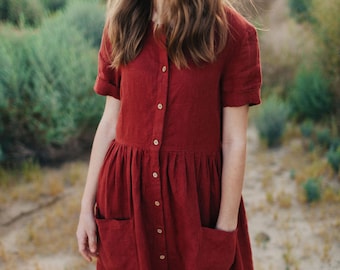 Linen Women Dress, Loose Summer Dress, Short Sleeve Dress, Button Down Dress with Pockets, Rust Midi Linen, Maternity Oversized Dress