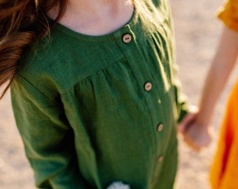 Linnen meisjesjurk, button-down jurk met zakken, paaspeuterjurk, jurk met lange mouwen voor de lente, groene linnen jurk, gewassen linnen