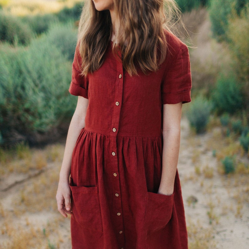 Cotton & Linen Button-Front Knotted Long Dress