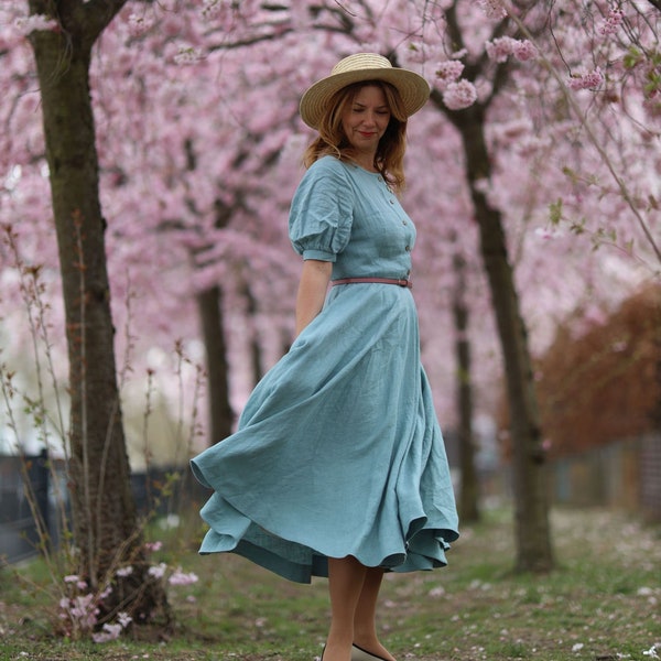 Linen Women Dress, Vintage Style Dress, Full Circle Skirt, Fit and Flare Dress, Midi Dress, Petite and Tall Clothes, Modest Bridesmaid Dress