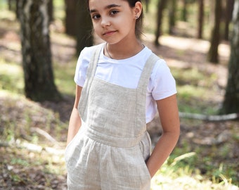 Monos de lino, Jersey para niñas, Monos de lino natural, Dungaree, Pantalones de mono, Jersey de verano, Monos para niños pequeños