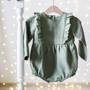 Sage Green Linen Romper, Ruffled Romper for Babies and Toddlers, First Birthday Baby Outfit, Infant Clothing, Baby Girl Rompers image 4