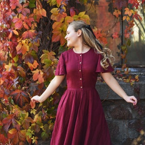 Burgundy Dress Linen Women Dress Fit and Flare Dress Bridesmaid Dresses Petite Midi Dress Prairie Dress Old Fashioned Dress Etsy