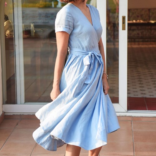 Linen Wrap Dress, Rustic Wedding Dress, Blue Linen Dress, Bridesmaid Dress, Maternity Dress, Women Dress