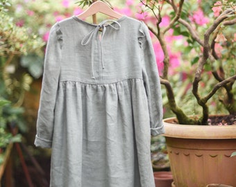 Linen Dress Girl, Spring Dress, Linen Dress, Artichoke Green Dress, Long Sleeves, Flower Girl Dress, Easter Toddler Dress