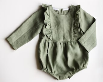 Sage Green Linen Romper, Ruffled Romper for Babies and Toddlers, First Birthday Baby Outfit, Infant Clothing, Baby Girl Rompers