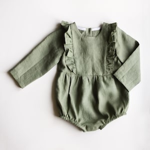 Sage Green Linen Romper, Ruffled Romper for Babies and Toddlers, First Birthday Baby Outfit, Infant Clothing, Baby Girl Rompers image 1