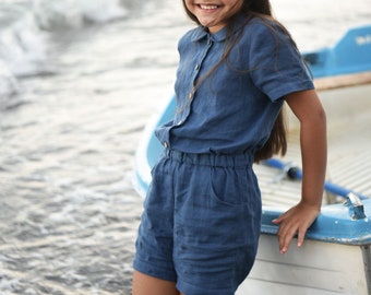 Linen Overalls, Overalls Shorts, Linen Jumper, Peter Pan Collar, Washed Linen Clothes, Linen Shortalls, Girls Linen Romper