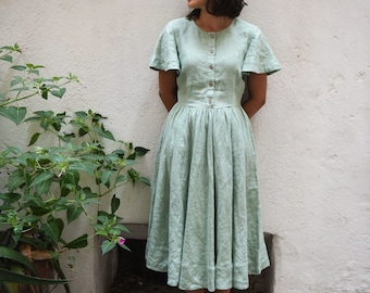 Linen Dress, Bridesmaid Dress, Light Green Dress, Summer Dress, Bell Sleeve Dress, Women Dress,  Linen Wedding Dress, Midi Dress