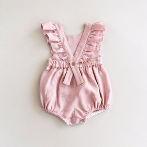 Linen Baby Romper, Ruffle Jumpsuit, Girls Frilly Romper, 1st Birthday Outfit, Pink Baby Girl Romper, Baby and Toddler Flower Girl Outfit