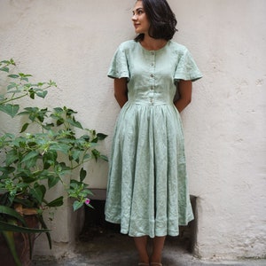 Linen Dress, Bridesmaid Dress, Light Green Dress, Summer Dress, Bell Sleeve Dress, Women Dress, Linen Wedding Dress, Midi Dress image 1