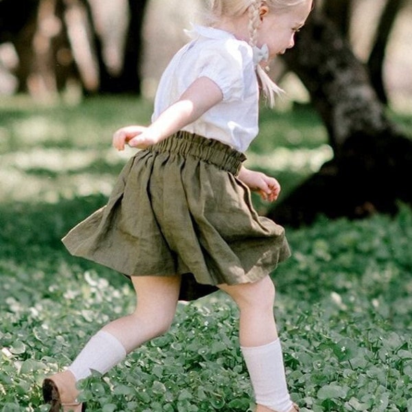 Linen Girl Skirt, Paper Bag Skirt, Moss Green Color, Baby and Toddler Skirt, Linen Summer Girls Clothes