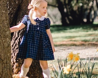 Linen Girl Dress, Peter Pan Collar Dress, Plaid Baby Dress, Toddler Linen Dress, Summer Girl Dress, Vintage Style Girl Dress, Puff Sleeve