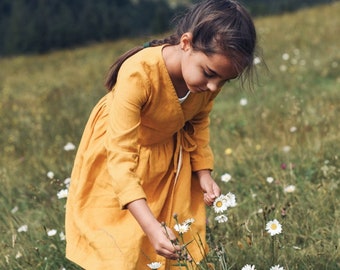 Mustard Wrap Dress Girls, Linen Dress, Girls Dresses, Fall Dress, Linen Clothing, Kids Linen, Little Girls Clothes, Organic Kids Clothes,