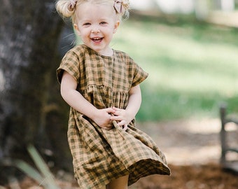 Linen Girl Dress, Linen Toddler Dress, Plaid Linen, Loose Fitting Dress