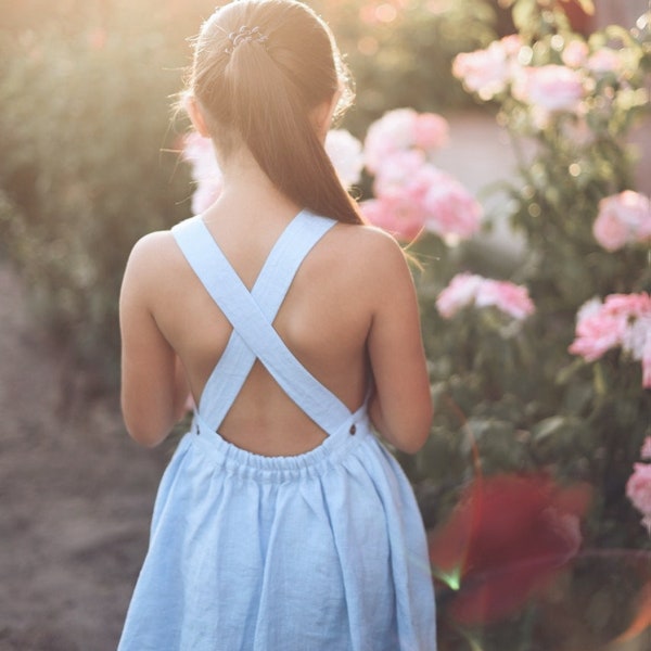 Linen Sundress, Linen Pinafore, Sky Blue Linen, Flower Girl Dress,  Midi Dress, Summer Dress, Linen Dress Girl, Kids Clothing, Twirl Skirt