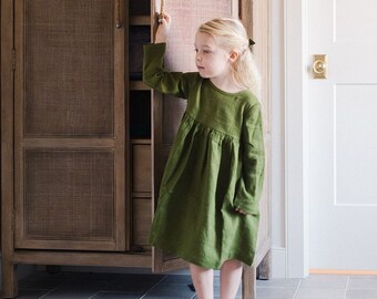 Linen Girl Dress, Toddler Dress, Spring Dress, Classic Girl Dress, Comfy Dress, Moss Green Green, Easter Toddler Dress, Birthday Dress