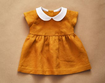 Linen Dress, Baby Dress, Peter Pan Collar, Mustard Linen, Baby Girl Clothes, Baby Shower Gift, Kids Linen, Cpming Home Outfit, Baby Gift