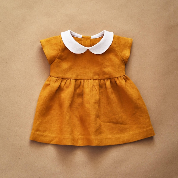 Linen Dress, Baby Dress, Peter Pan Collar, Mustard Linen, Baby Girl Clothes, Baby Shower Gift, Kids Linen, Cpming Home Outfit, Baby Gift