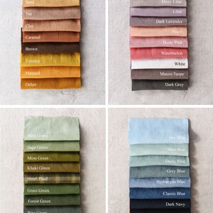 May include: A color chart of fabric swatches in various shades of brown, pink, green, and blue. The swatches are arranged in columns, with each column representing a different color family. The names of each color are listed below the swatches.