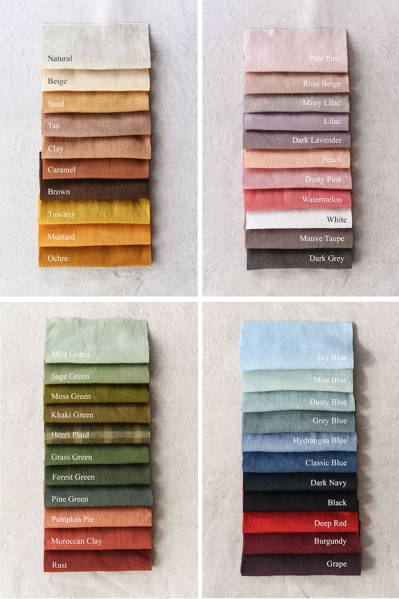 May include: A color chart of fabric swatches in various shades of brown, pink, green, and blue. The swatches are arranged in columns, with each column representing a different color family. The names of each color are listed below the swatches.