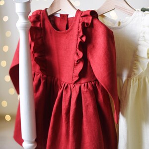 Baby Christmas Outfit, Baby Christmas Dress, Toddler Christmas Dress, Ruffled Dress, Red, Cream and Sage Green Linen image 3