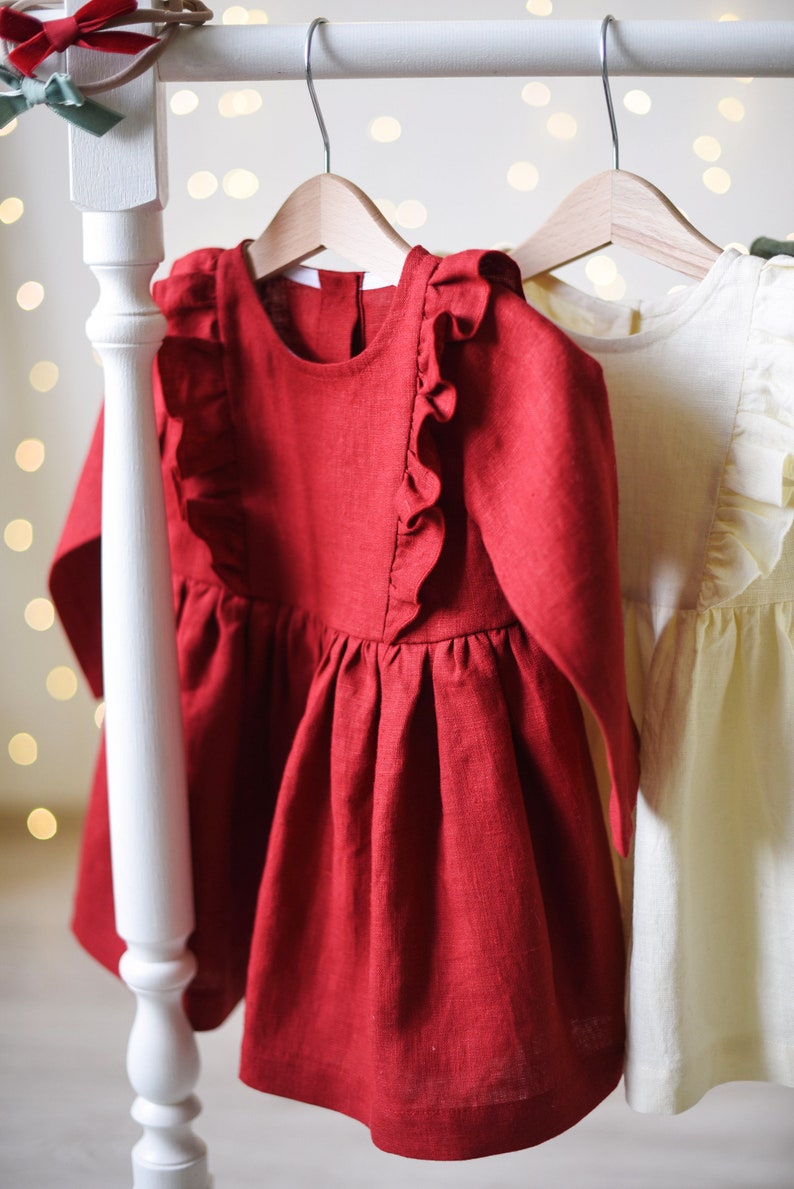 Baby Christmas Outfit, Baby Christmas Dress, Toddler Christmas Dress, Ruffled Dress, Red, Cream and Sage Green Linen image 3