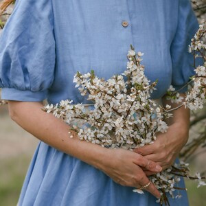 Linen Women Dress, Peter Pan Collar Dress, Puff Sleeve Dress, Circle Skirt, Summer Dress, Hydrangea Blue Dress, Vintage Style Dress image 4