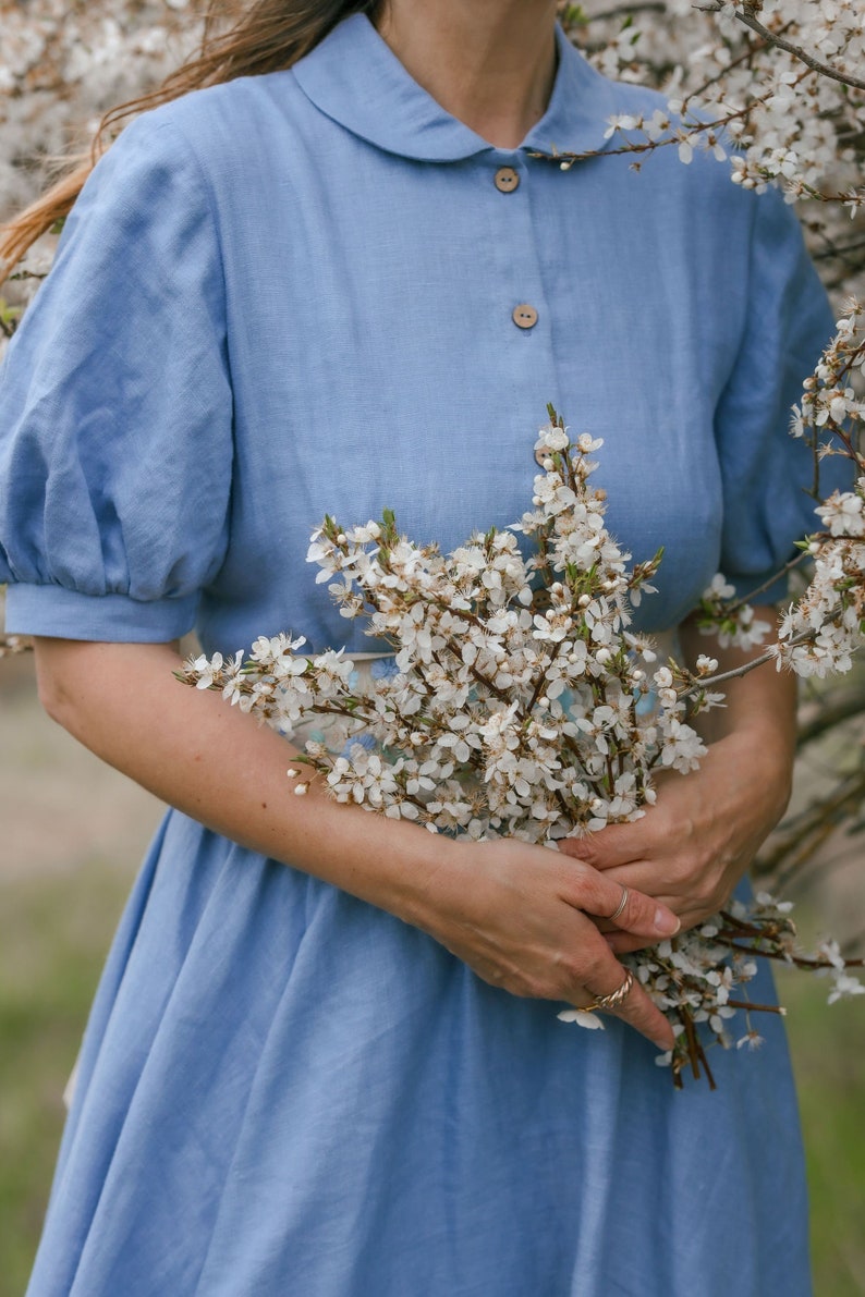 Linen Women Dress, Peter Pan Collar Dress, Puff Sleeve Dress, Circle Skirt, Summer Dress, Hydrangea Blue Dress, Vintage Style Dress image 4