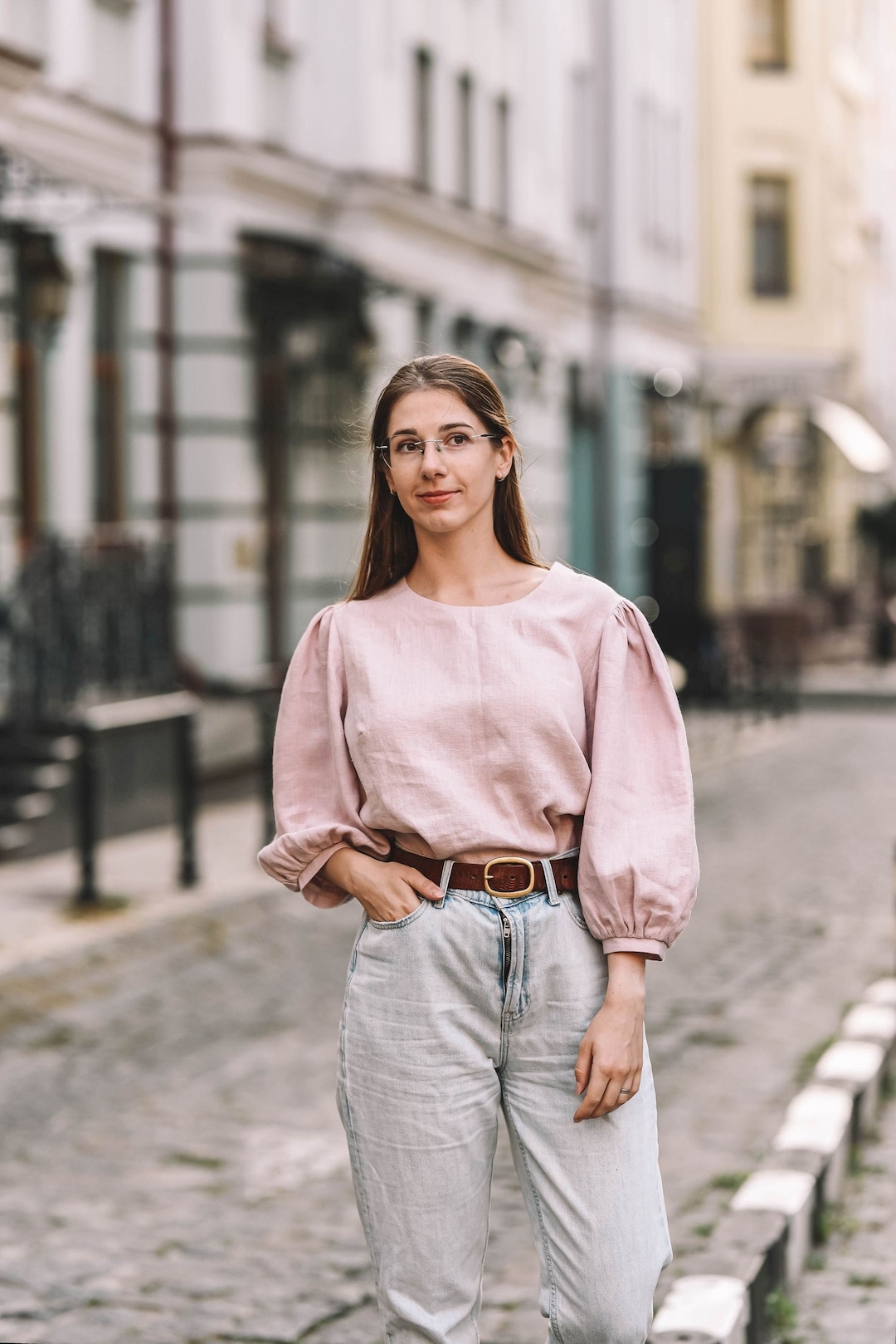 Pale Pink Linen Wonen Blouse, Puff Sleeve Blouse, Casul Linen Top