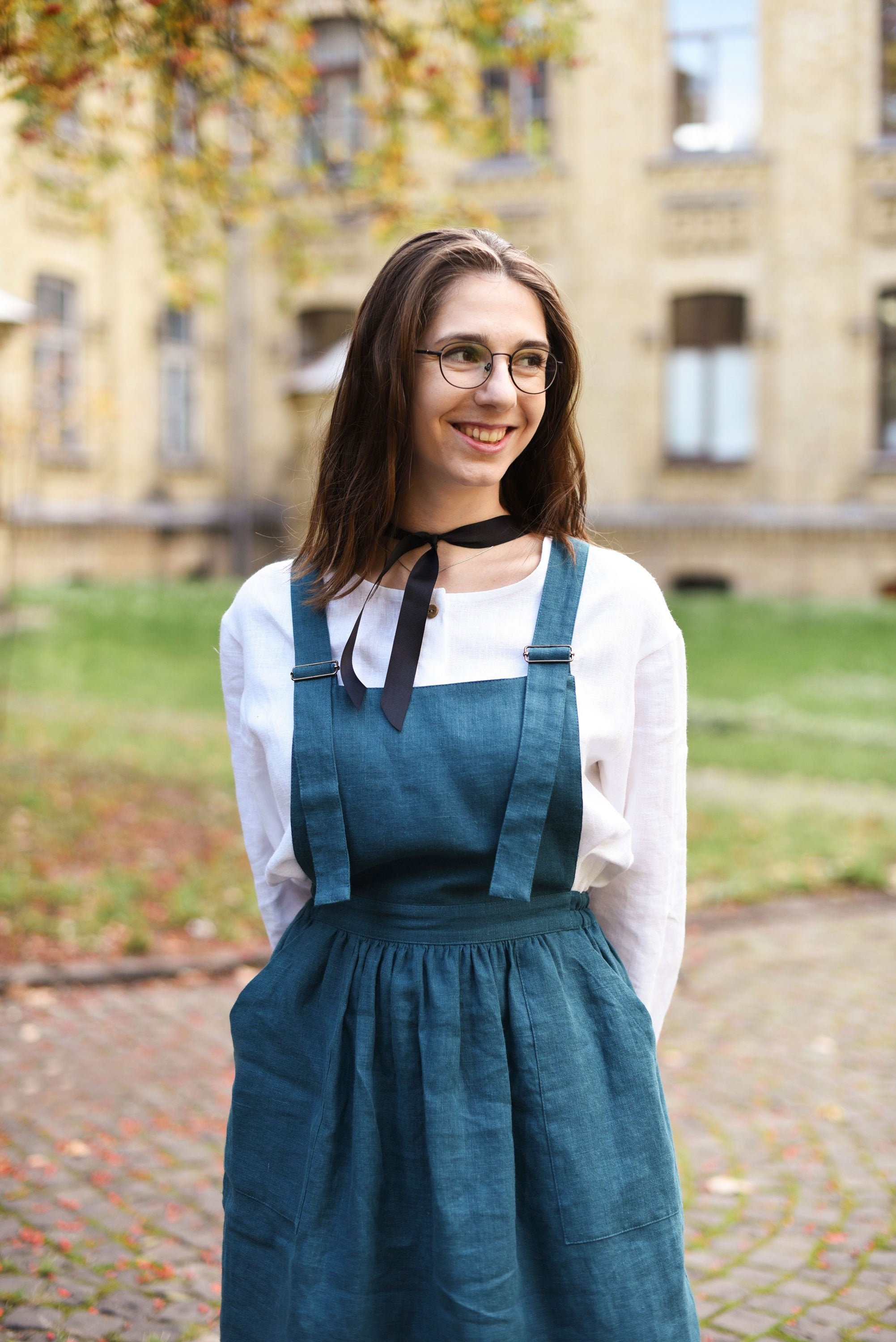 Women Apron Dress Linen Pinafore Dress with Pockets Peacock | Etsy