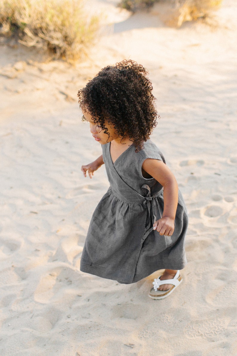 Linen Wrap Dress, Linen Summer Dress, Flower Girl Dress, Toddler Linen Dress, Taupe Linen, Sleeveless Dress image 5