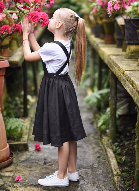Black Apron Dress Linen Pinafore Flower Girl Dress Linen Dress Girks Jumper Dress Midi Twirl Dress Etsy