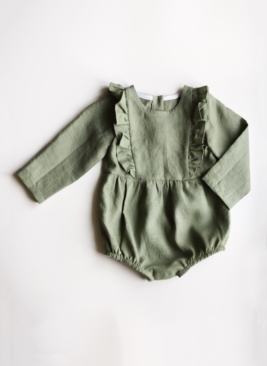 Sage Green Linen Romper, Ruffled Romper for Babies and Toddlers
