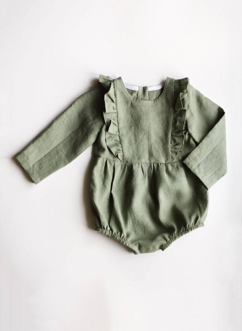 Sage Green Linen Romper, Ruffled Romper for Babies and Toddlers, First Birthday Baby Outfit, Infant Clothing, Baby Girl Rompers image 1