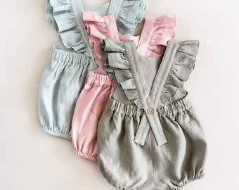 Linen Baby Romper, Ruffle Jumpsuit, Girls Frilly Romper, 1st