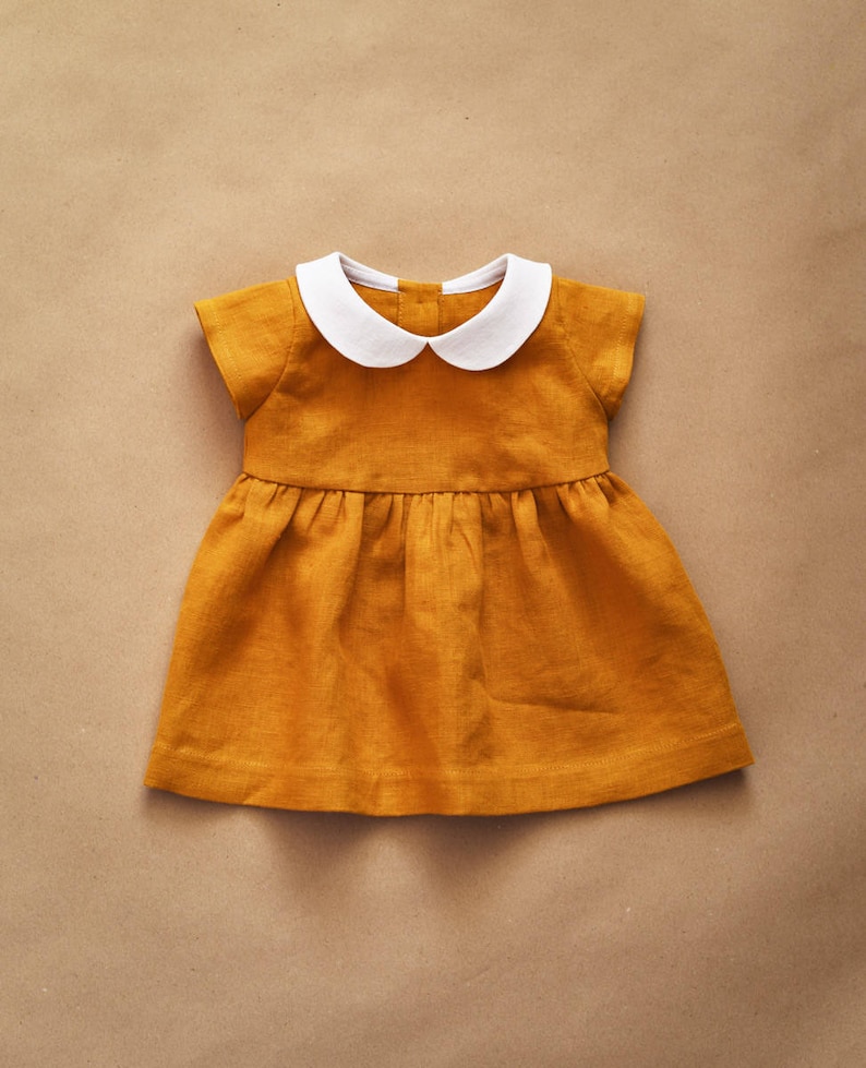 Linen Dress Baby Dress Peter Pan Collar Mustard Linen Baby Etsy