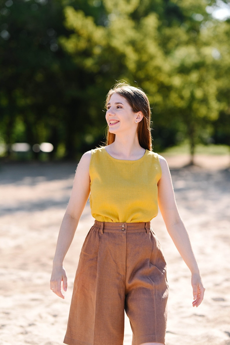 Linen Tank Top, Women Top, Linen Summer Clothes, Casual Wear, Round Neck Top, Basic Linen Clothes, Yellow Linen Summer Top, Linen Tunic image 2