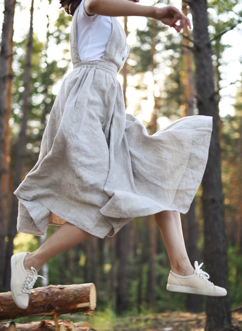 Linen Overalls, Pinafore Dress Women, Twirl Dress, Linen Dress, Rustic Wedding Dress, Japanese Apron Dress, Linen Jumpsuit, Midi Skirt image 2