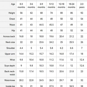 May include: A chart showing clothing size measurements for babies and toddlers. The chart lists sizes from newborn (NB) to 24 months (24M/2T) and includes measurements for age, height, chest, waist, hip, across back, neck size, shoulder, upper arm, wrist, scye depth, back neck-waist, waist-knee, inside leg, and arm length.