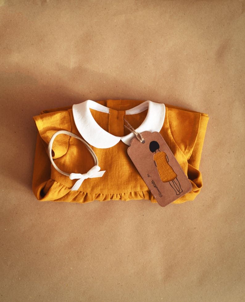 Linen Dress Baby Dress Peter Pan Collar Mustard Linen Baby Etsy