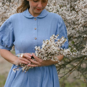 Linen Women Dress, Peter Pan Collar Dress, Puff Sleeve Dress, Circle Skirt, Summer Dress, Hydrangea Blue Dress, Vintage Style Dress image 7