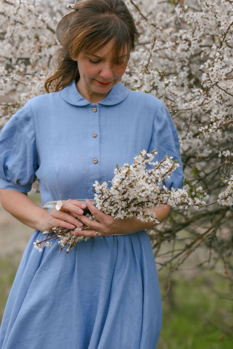 Linen Women Dress, Peter Pan Collar Dress, Puff Sleeve Dress, Circle Skirt, Summer Dress, Hydrangea Blue Dress, Vintage Style Dress image 7