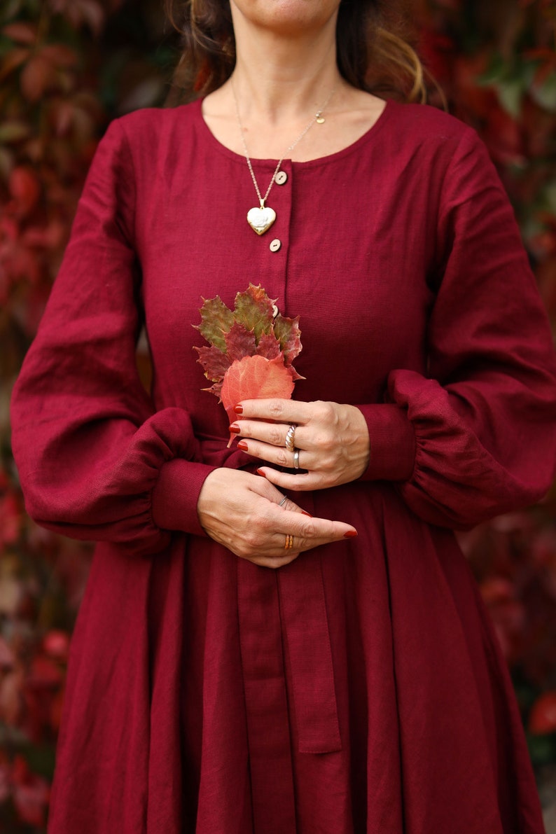 Linen Women Dress, Full Circle Skirt, Modest Bridesmaid Dress, Burgundy Midi Dress, Fall Dress, Vintage Style Dress, Petite and Tall Clothes image 4