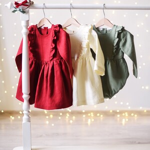 Baby Christmas Outfit, Baby Christmas Dress, Toddler Christmas Dress, Ruffled Dress, Red, Cream and Sage Green Linen image 6